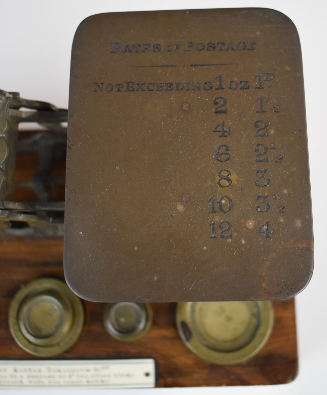 Mordan & Co. Victorian brass postage scales, on wooden base with weights and with postage rates to - Image 3 of 5