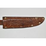 Pair of kukri knives with 29cm curved etched blades and scabbards, together with two hunting knives,