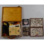 Fly tying vice, accessories and two boxes of trout fishing flies