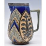 Doulton Lambeth art pottery jug with plated mount and incised El / LE and AG monograms to base,