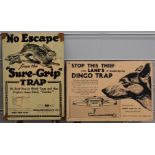 Two metal signs Sure Grip Rabbit Trap and Lane's Dingo Trap, L33 x W23cm