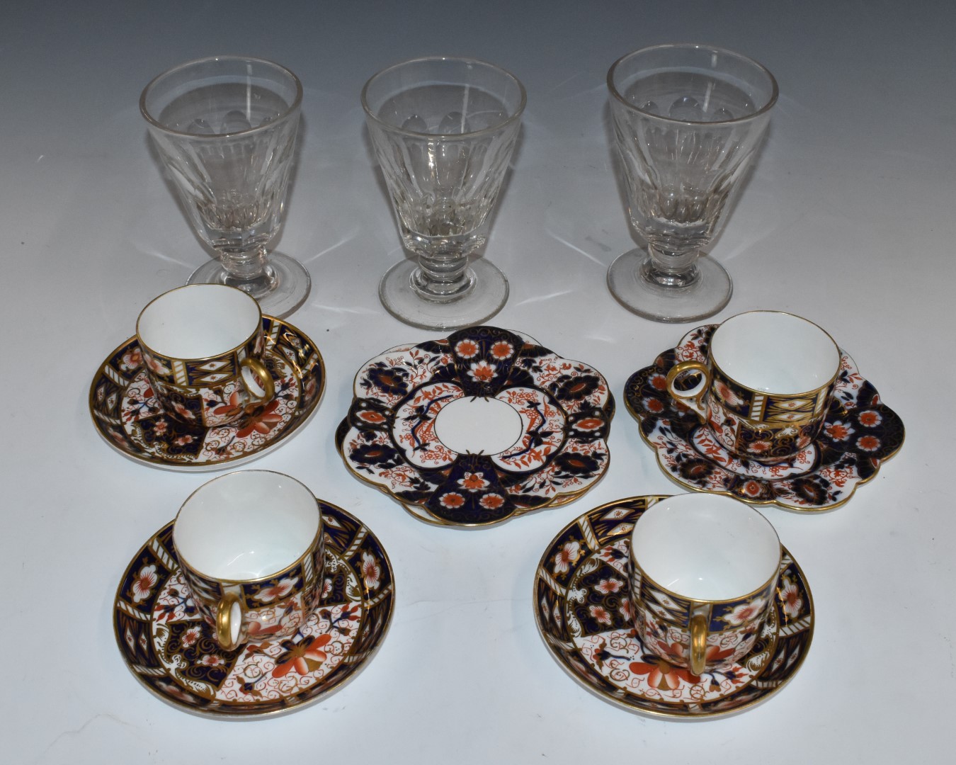 Three Royal Crown Derby Imari cups and saucers plus one extra cup, pattern no 2451, three Foley