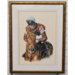 Sabrina Siga (b1956) watercolour of a jockey on horseback, 72 x 48cm