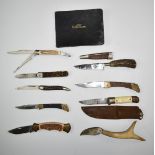 Nine various knives comprising six folding examples including Jowika, Rostrei and Vanadium and three