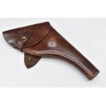 WW1 brown leather revolver holster with brass mounts and handwritten markings to the inside, 35cm