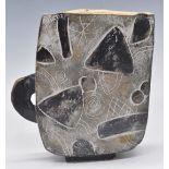 John Maltby (1936-2020) slab vase/jug with incised geometric and abstract decoration, simple loop