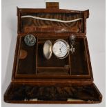 A miniature silver powder flask, hunting brooch, cartridge stick pin and fishing pocket watch, in