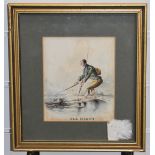 19thC watercolour caricature of a fisherman, titled below 'All Right', 16 x 13.5cm, in gilt frame