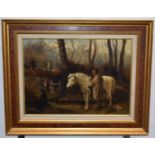 19thC oil on canvas of a shooting party in woodland with loader, pony and dog, signed Hardy, 28 x