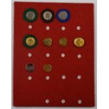 Nine vintage hunt/hunting buttons mounted on a felt covered display board including Cambridgeshire