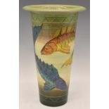 Dennis Chinaworks signed limited edition 7/18 flared vase decorated in the Fish Zigzag pattern,