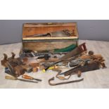 Vintage woodworking tools, in chest, to include Stanley Bailey No.4 plane, moulding planes, saws,