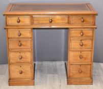 Victorian twin pedestal desk fitted seven drawers with turned handles, W94 x D45 x H83cm