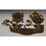 19thC gilt metal wall mirror with twin candle holders, H46cm