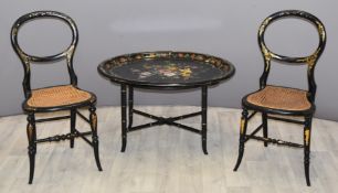 Two lacquer side tables and two chairs, one table with lift off tray marked Jennens & Bettridge,