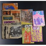 Eleven OZ, Friends and International Times underground magazines comprising OZ volumes 9, 25, 26,