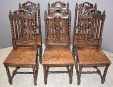 Set of six oak solid seat dining chairs with barley twist legs