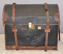 Large leather covered wicker framed domed top trunk, W84cm