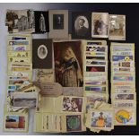 Postcards, photographs and collectables to include silk picture of Queen Victoria, stamp
