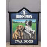 Jennings 'Twa Dogs' exterior double sided hand painted pub sign with two dogs and monogram JM.