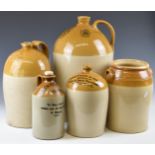 Five stoneware jars and flagons comprising Finch Bruton, Bratton Yeovil, Pick Up Bristol,