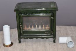 Godin gas fired green enamelled cast iron 'woodburner' heater, with rear flue, W65cm
