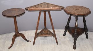 A carved oak cricket table and two wine tables, height of tallest 68cm