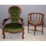 Victorian upholstered mahogany spoon-back chair carved detail and gnarled front legs, together