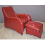 Red faux leather Art Deco style chair and matching footstool
