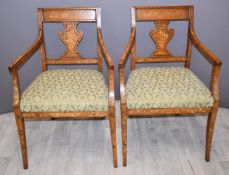 Pair of Dutch style marquetry and parquetry inlaid armchairs