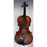 A 19th / 20thC violin with single piece 35.5cm back, overall length 58.5cm, in case