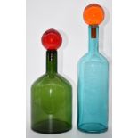 Two Polspotten bubbles and bottles decanters, one green with red stopper the other blue with