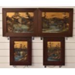 Set of four Japanese relief moulded and painted panels including Mt. Fuji or similar and lake