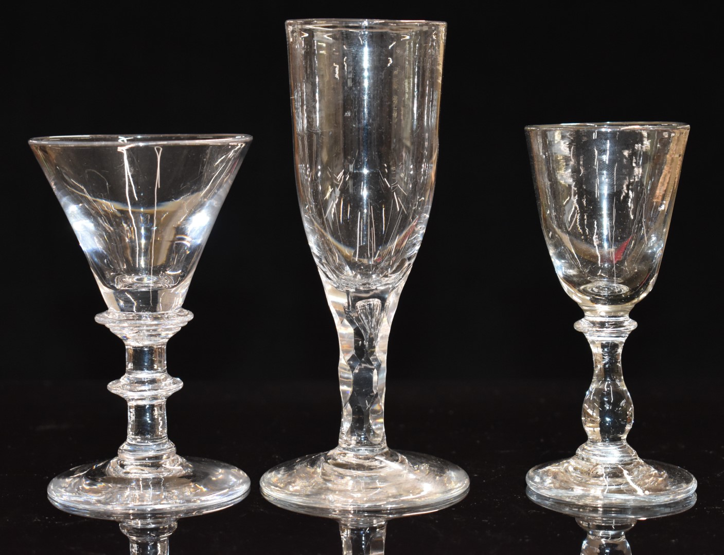 Three 19thC wine/cordial glasses including double knopped stem example, tallest 15.2cm - Image 2 of 2