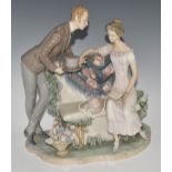 Lladro figural group Will You Marry Me? sweethearts on a garden seat, with original box, H31cm