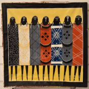 Tanzanian Tinga Tinga acrylic on canvas of Masai with shields, signed Hapela, 46 x 46cm