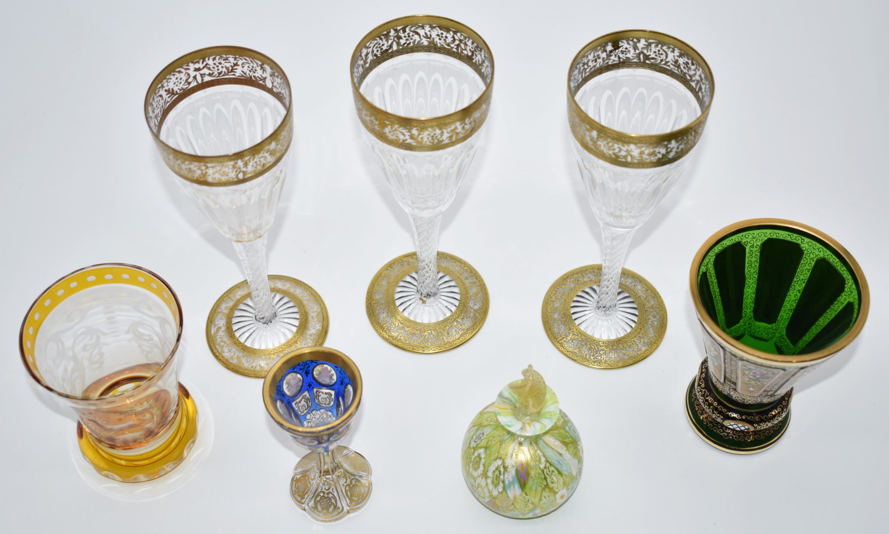 Six various drinking glasses comprising a set of three Moser style wine glasses with gilt decoration - Image 2 of 2