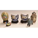 Five pieces of Chinese cloisonné including hexagonal lidded vase, chicken boxes etc together with