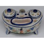 Quimper faience standish or inkwell raised on scrolling feet, W19 x D12 x H11cm