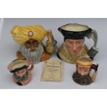 Four Royal Doulton character jugs including Snake Charmer with certificate, tallest 16cm