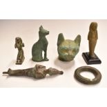 Six ancient Egyptian style bronzes including cats, kneeling pharaoh, shabti etc, largest 13cm tall.