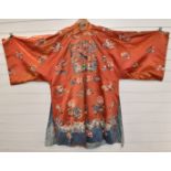 Chinese 19thC silk kimono embroidered with birds, clouds and flowers and with hardstone bead