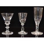 Three 19thC wine/cordial glasses including double knopped stem example, tallest 15.2cm