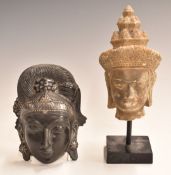 A carved stone bust on a stand (22cm tall) and a silver inlaid bronze mask.