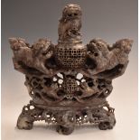 Chinese carved soapstone covered censer with Dog of Fo decoration, W30 x H30cm