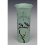 Flared sleeve vase hand decorated with fledglings on a branch, signed Nixon (possibly ex Royal