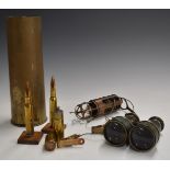 WW2 artillery shell dated 1943, trench art lighter, binoculars, inspection light by J Lucas Ltd,