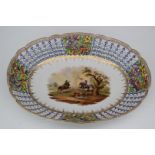 Dresden reticulated oval dish decorated with mounted soldiers fighting, W28 x D21 x H5cm