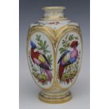 A 19thC vase with hand painted decoration of tropical birds and gilt work, Chelsea mark to base (