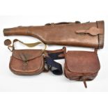 A brown leather leg of mutton shotgun case, 80cm long, together with two similar cartridge bags.